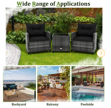 3 Pieces Outdoor Wicker Conversation Set with Tempered Glass Tabletop-Black (Assembled)