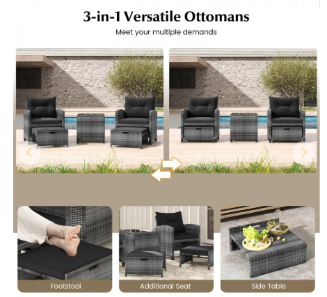 5 Pieces Patio Rattan Sofa Ottoman Furniture Set with Cushions-Grey (Fully Assembled)