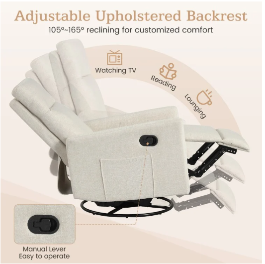 Swivel Rocking Chair 360° Nursery Reclining Rocker Armchair with Cushioned Back