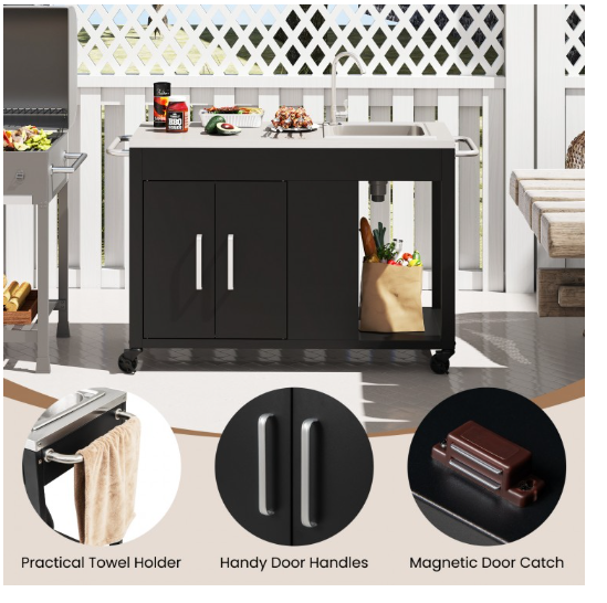 56 Inches Outdoor Grill Table with Sink and Stainless Steel Top-Black (Scratch and Dent)