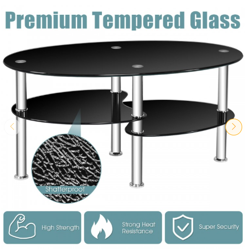 Tempered Glass Oval Side Coffee Table-Black (Scratch and Dent)