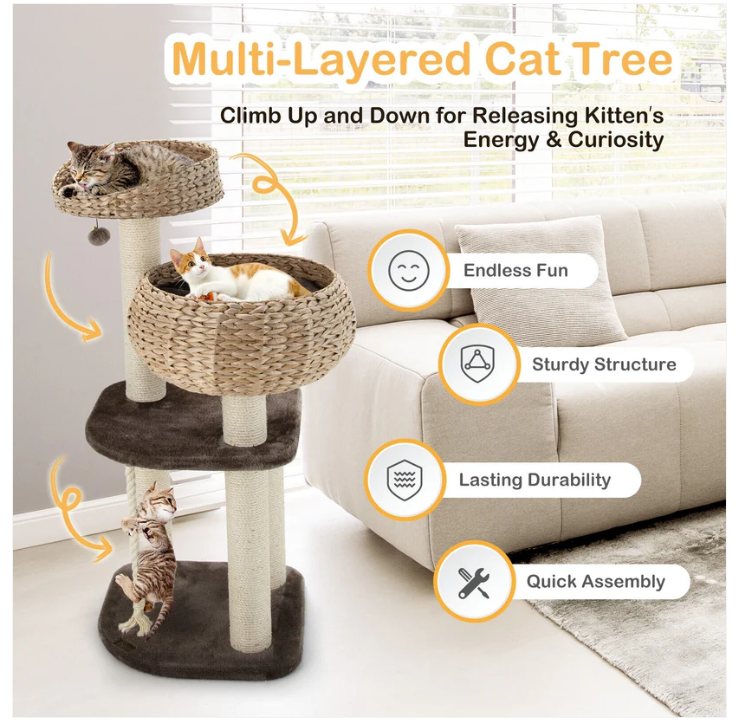 41 Inch Rattan Cat Tree with Napping Perch, fully assembled