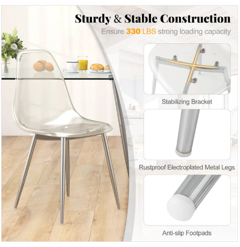 Set of 4, Kitchen Chairs w/Transparent Seat & Curved Back