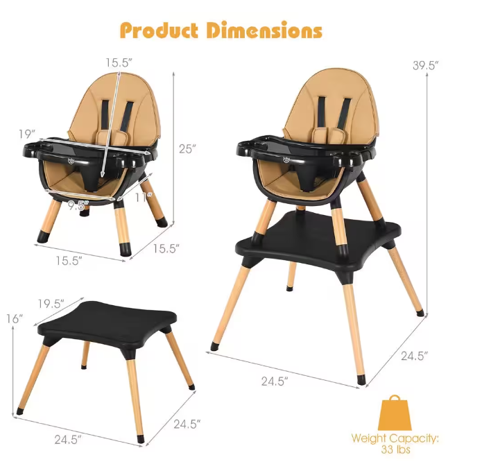 Coffee 5-in-1 Baby High Chair Infant Wooden Convertible Chair 5-Point Seat Belt