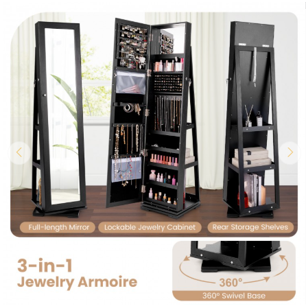 360° Rotatable 2-in-1 Lockable Jewelry Cabinet with Full-Length Mirror (Assembled)