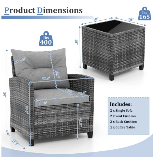 3 Pieces Outdoor Wicker Conversation Set with Tempered Glass Tabletop-Grey(Manufactures Error) (Assembled)