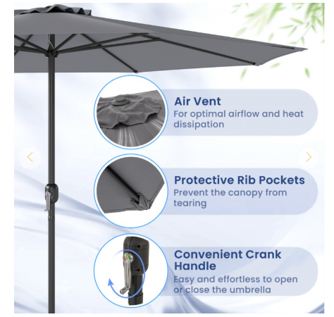 12 Feet Patio Umbrella with Crank Handle and 8 Sturdy Ribs-Gray