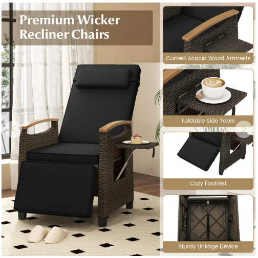 Patio Wicker Recliner Chair with Adjustable Backrest and Footrest-Black (Assembled)