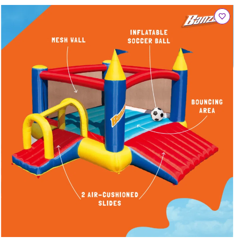 Banzai Slide N Fun Inflatable Slide and Bounce House with Soccer Net and Ball with Blower