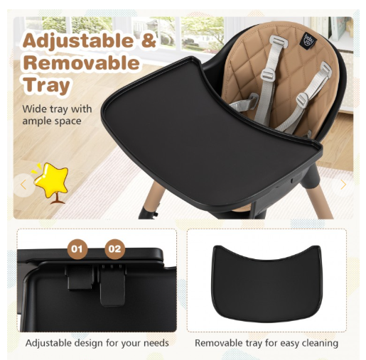 5-in-1 Baby Wooden Convertible High Chair - Black/Coffee