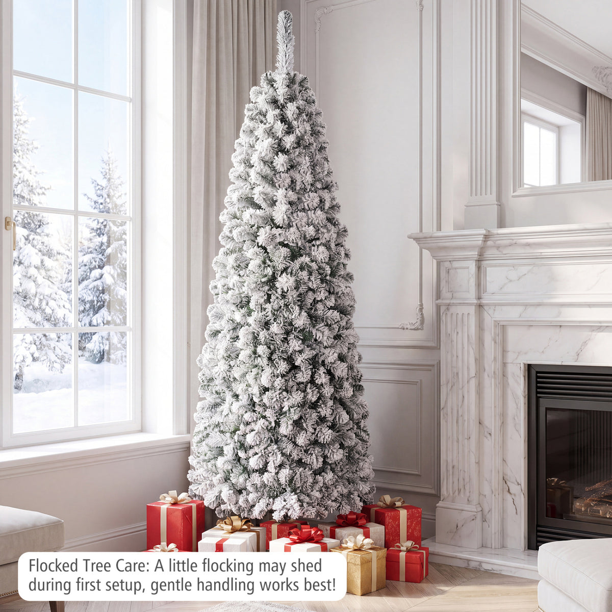 6 Feet Pre-lit Snow Flocked Artificial Pencil Christmas Tree with 250 LED Lights - FINAL SALE