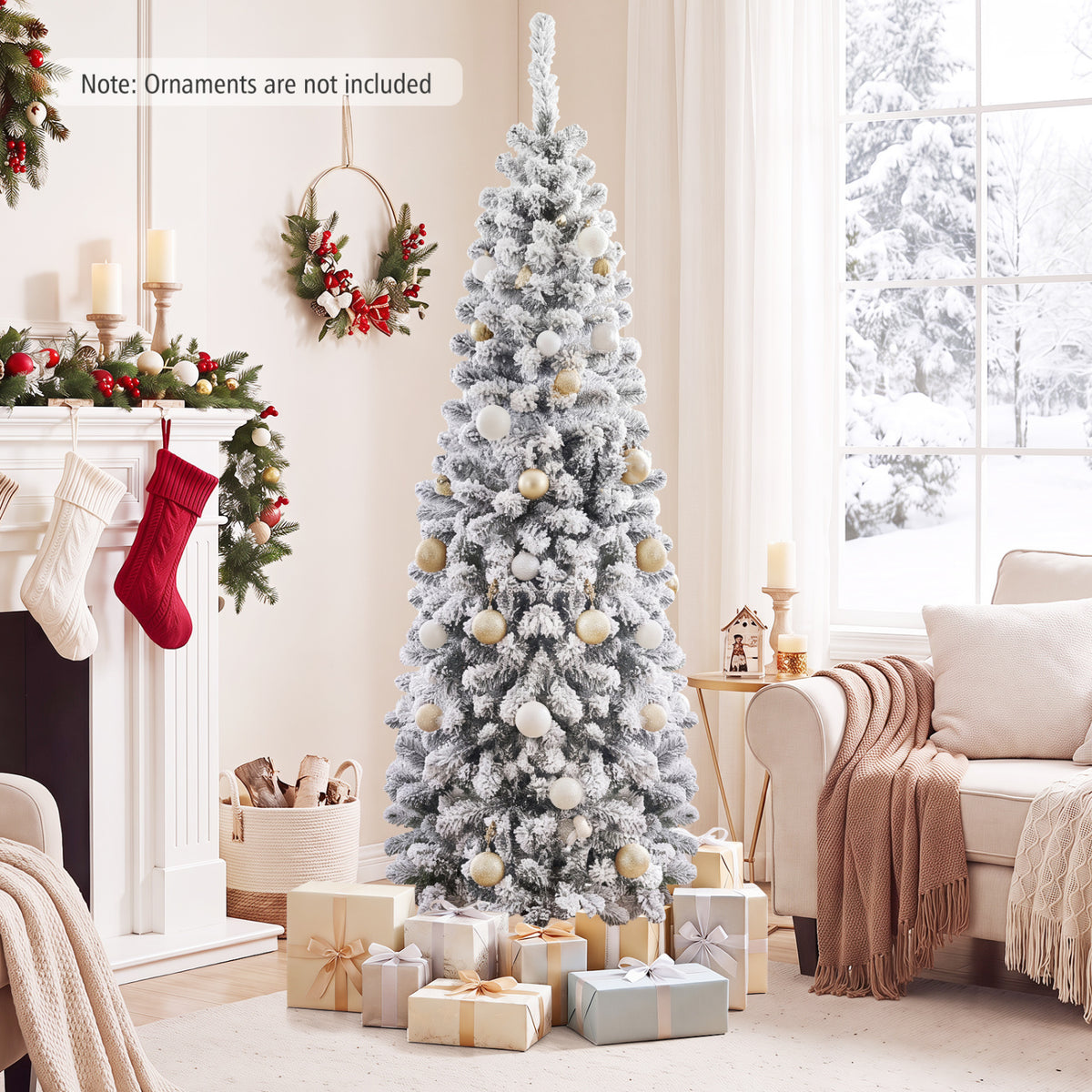 6 Feet Unlit Hinged Snow Flocked Artificial Pencil Christmas Tree with 500 Branch Tip - FINAL SALE