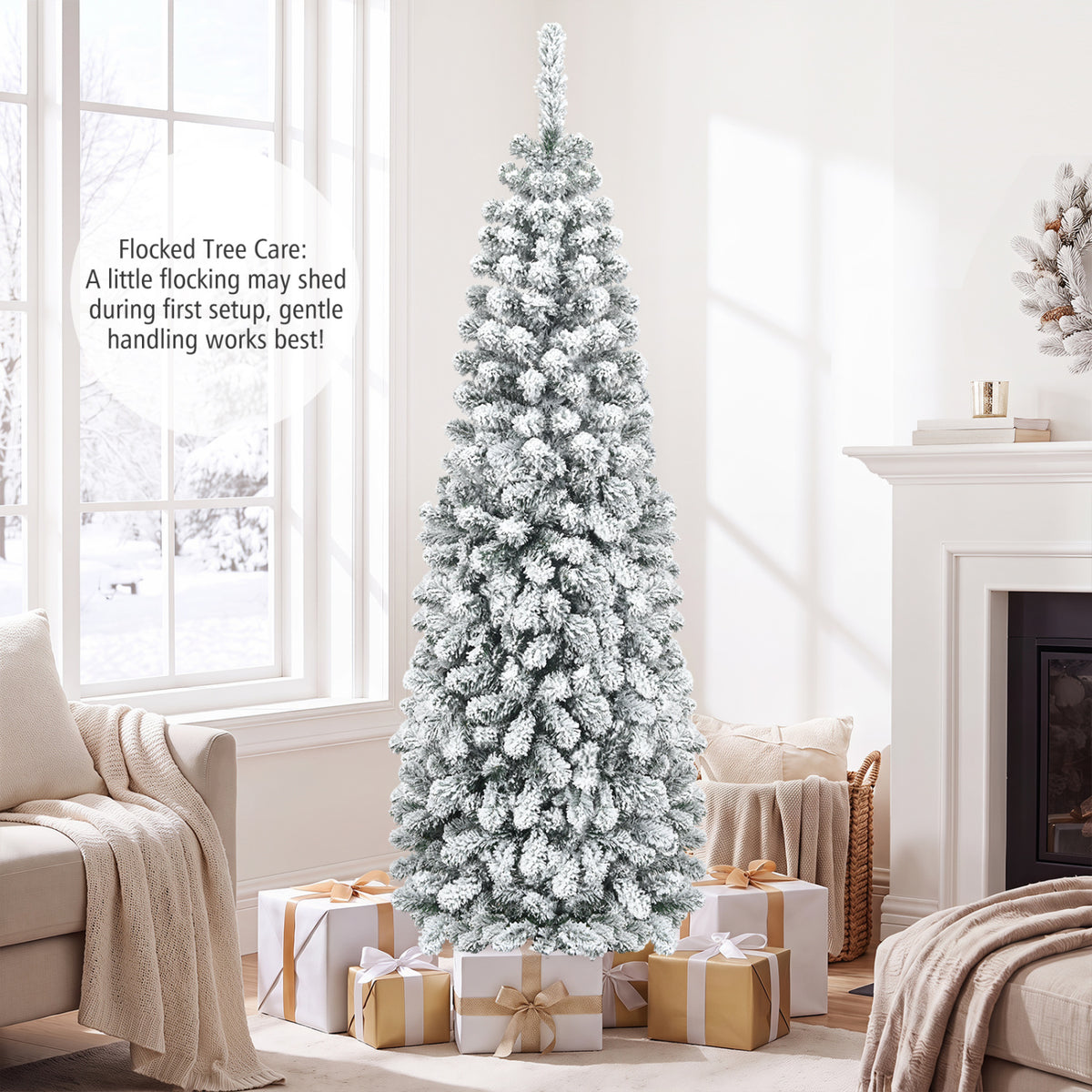 6 Feet Unlit Hinged Snow Flocked Artificial Pencil Christmas Tree with 500 Branch Tip - FINAL SALE