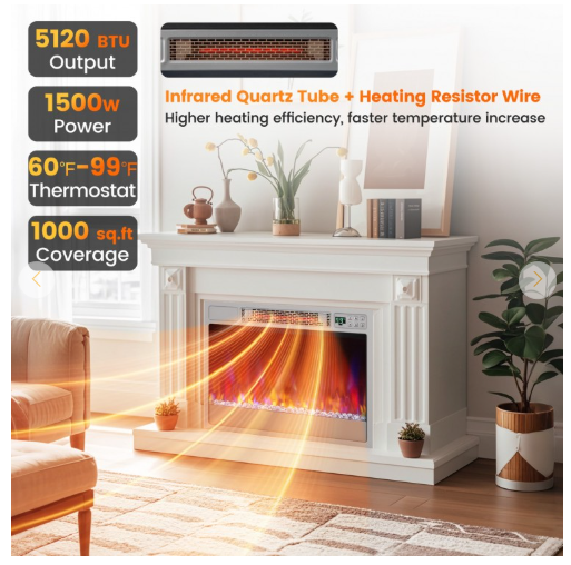 23 Inch 1500W Recessed Electric Fireplace Insert- Silver (No Remote)