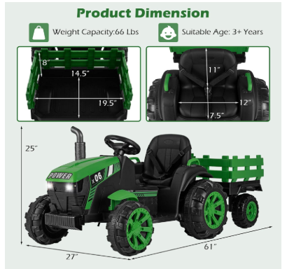 24V 9AH Ride on Tractor, 2 x 550W Motors, with Remote Control (See Notes) (Dark Green)