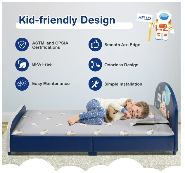 Kids Upholstered Platform Bed Frame,  Astronaut Pattern, Scratch & Dent