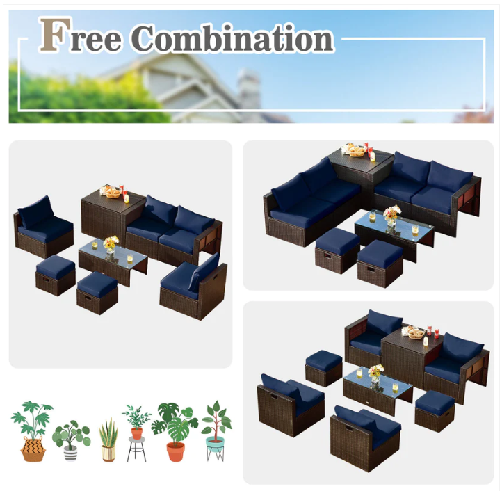 8 Pieces Patio Rattan Furniture Set with Storage Box and Waterproof Cover-Navy