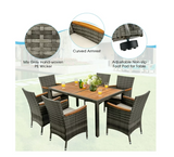 7PCS Patio Rattan Dining Set Acacia Wood Table Cushioned Chair Mix Gray