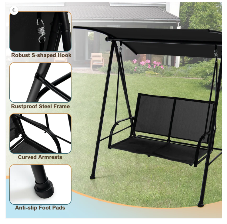 Love Seat Swing with Patio Canopy*UNASSEMBLED/IN BOX* - BLACK- OP70493BK