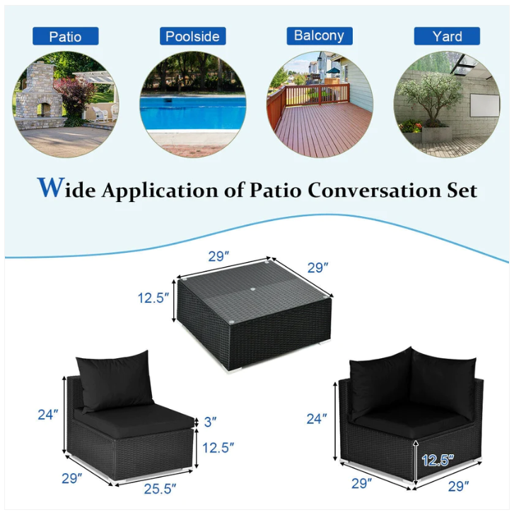 7 Pieces Patio Rattan Furniture Set Sectional - Black - 3 Boxes, Unassembled