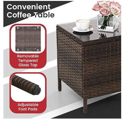 3Pcs Patio Rattan Furniture Set Cushioned Sofa and Glass Tabletop Deck-Beige (Assembled)