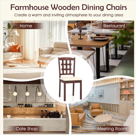 Set of 4, Wooden Dining Chair, Linen Fabric Padded Kitchen Chairs