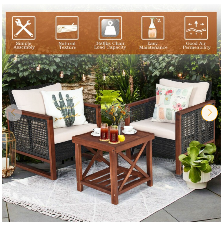 3 Pieces Acacia Wood Patio Furniture Set with Coffee Table (Assembled)