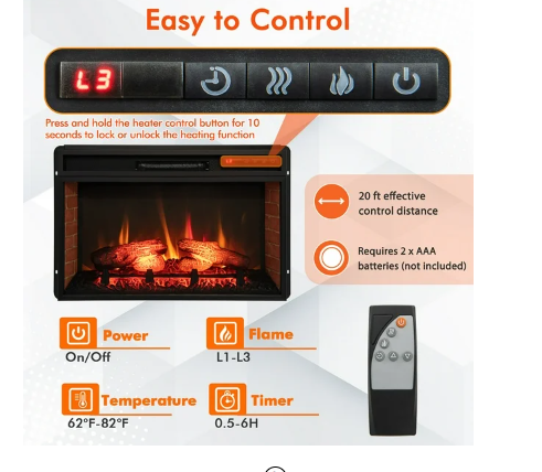 Scratch & Dent, No Box, 26 Inch Electric Fireplace Insert 4777 BTU Recessed Freestanding Fireplace w/ Remote