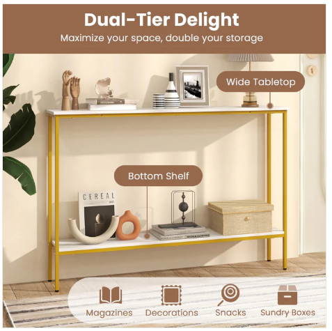 White/Gold Console Table with Shelf, 44" Narrow Entryway Table  (Fully Assembled)