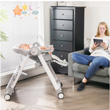 Baby Folding Convertible High Chair with Wheels and Adjustable Height-Gray