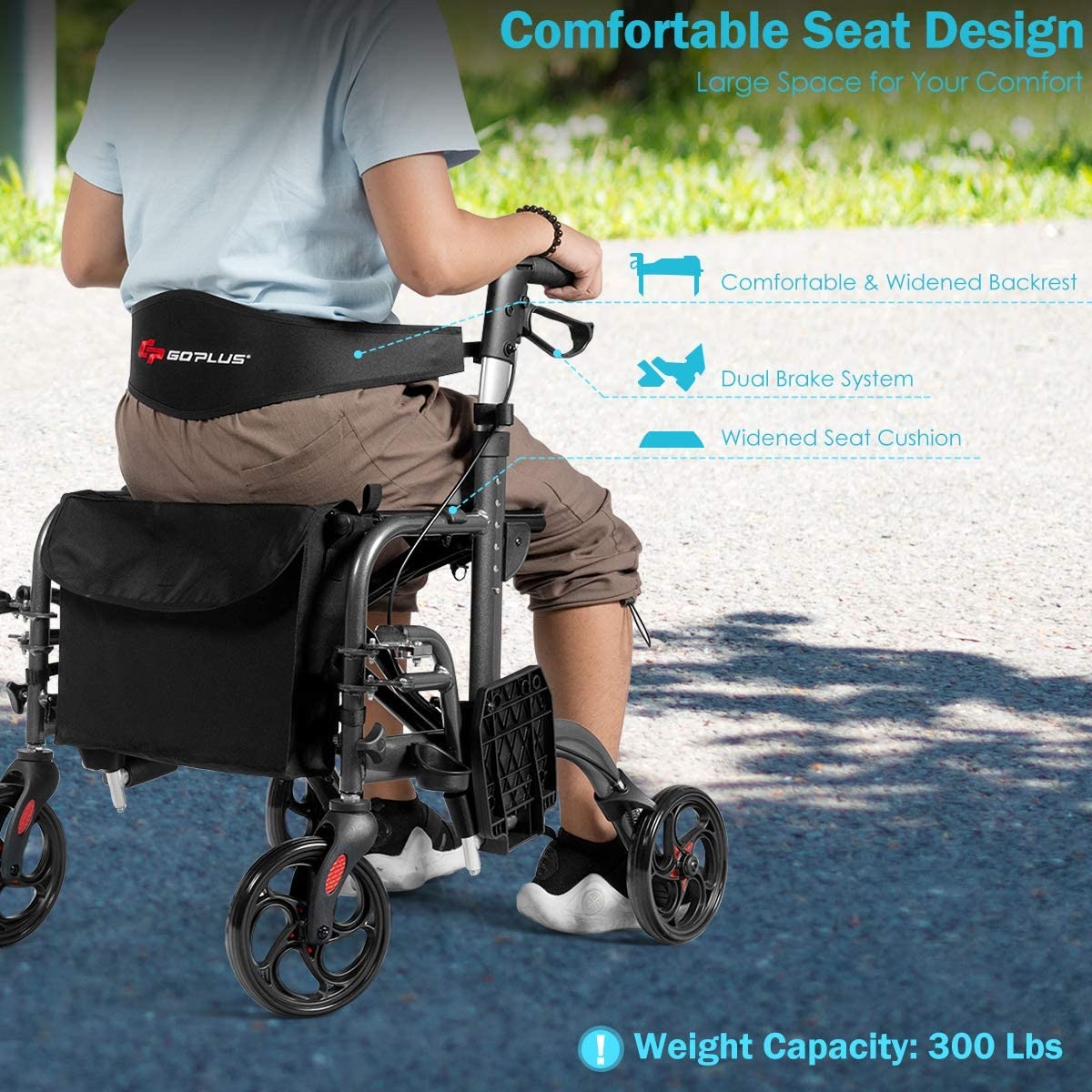 2 in 1 Folding Rollator Walker, 4 Wheel Medical Rolling Walker