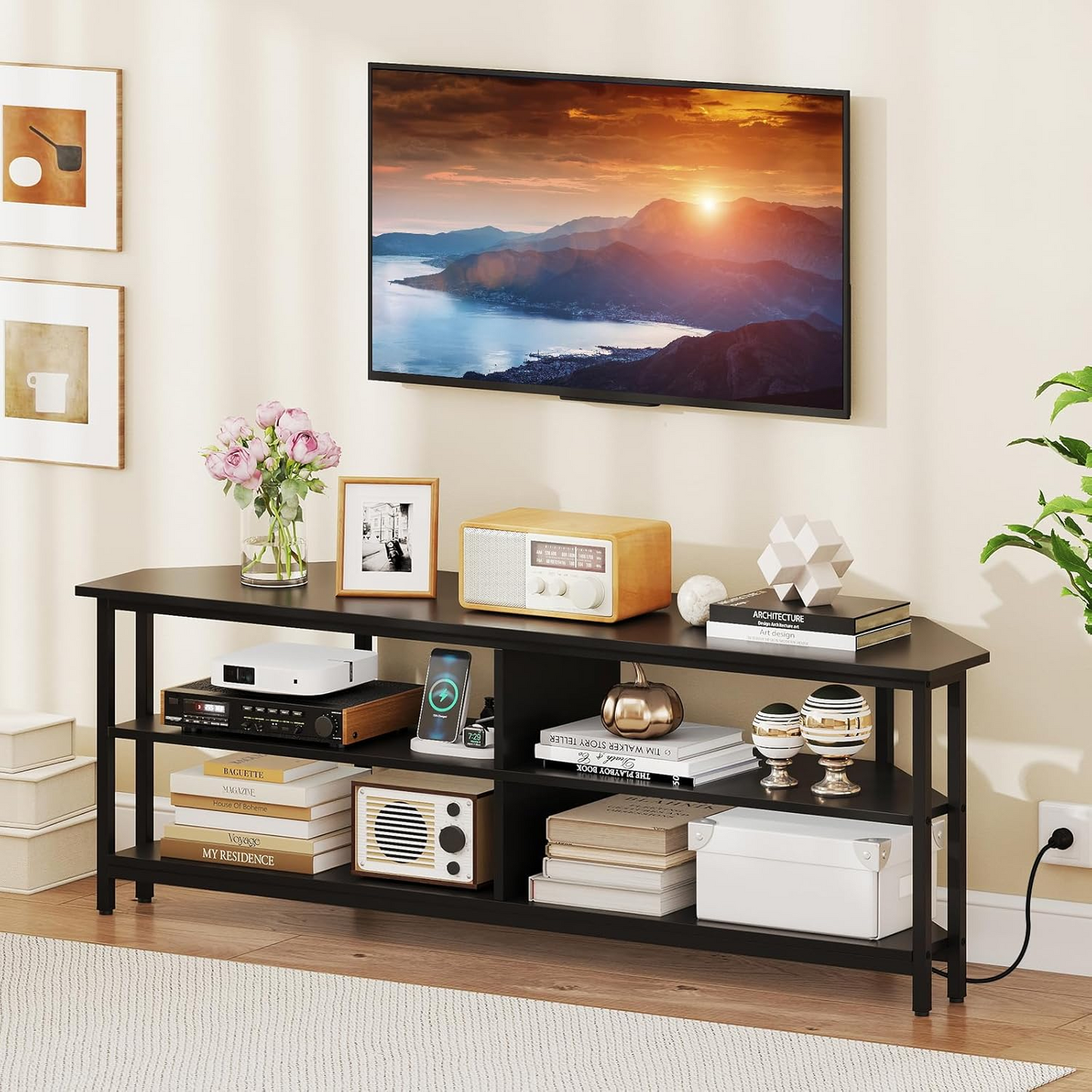 Corner TV Stand for 65 Inch TV, Modern Entertainment Center, ASSEMBLED, TOP IS DAMAGED
