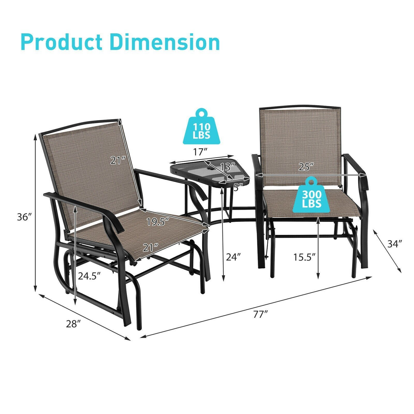 Double Swing Glider Rocker Chair set with Glass Table