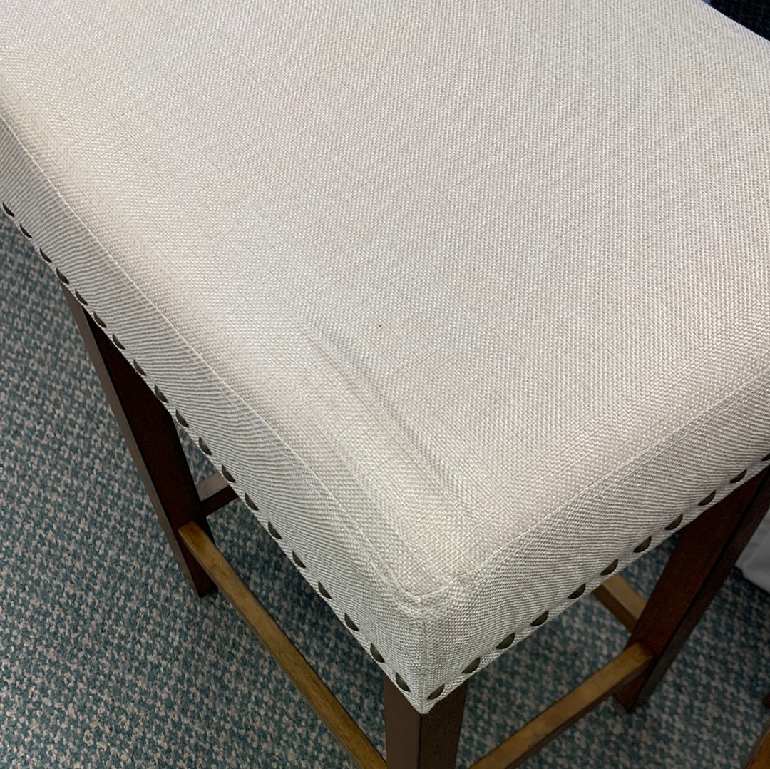 2 Piece Set, 24 Inch Nailhead Saddle Bar Stools with Fabric Seat and Wood Legs, crease in corner