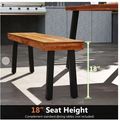 Patio Acacia Wood Dining Bench Seat with Steel Legs (Assembled) [Shipping Damage]