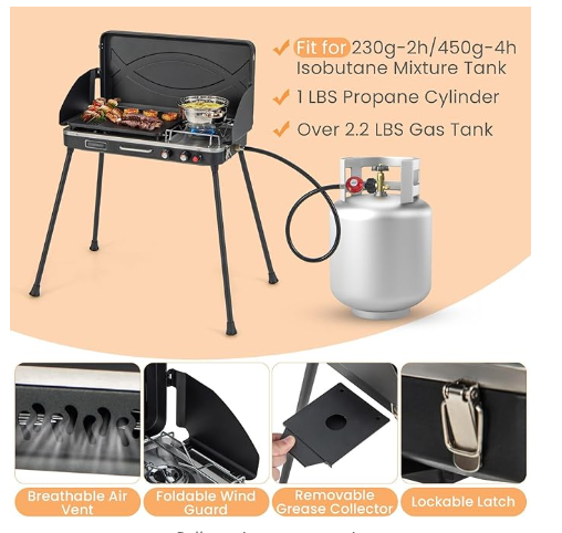 2-Burner Propane Camping Stove, Portable Gas Grill Cooker with Removable Leg Stand