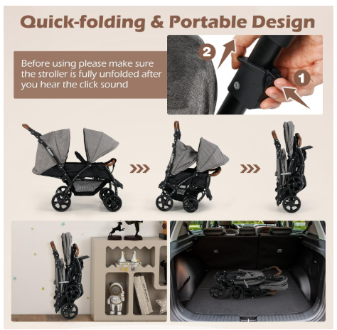 Foldable Lightweight Front Back Seats Double Baby Stroller - Grey