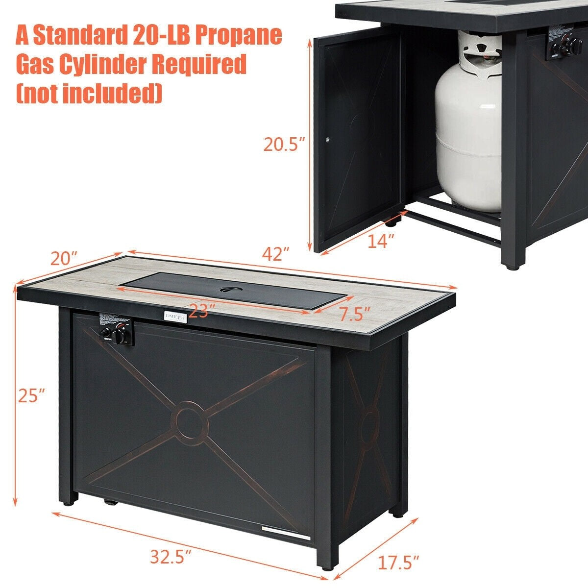 SPECIAL, NO TAX,  42 Inches 60,000 Btu Rectangular Propane Fire Pit Table, 1 box unassembled