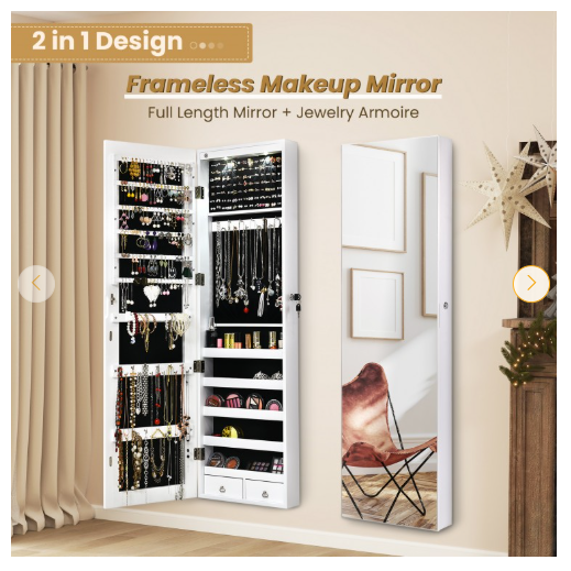 Lockable Wall Mount Mirrored Jewelry Cabinet with LED Lights-White