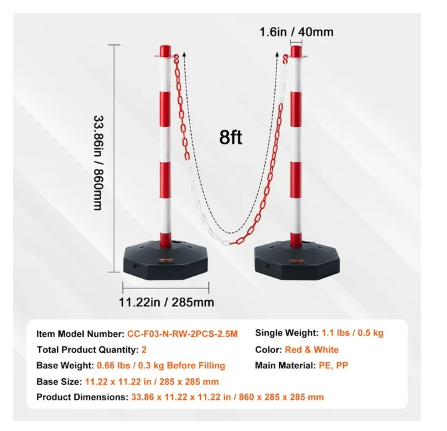 Adjustable Traffic Delineator Post Cones, 2 Pack, Traffic Safety Delineator Barrier with Fillable Base 8FT Chain, for Traffic Control Warning Parking Lot Construction Caution Roads, Red & White