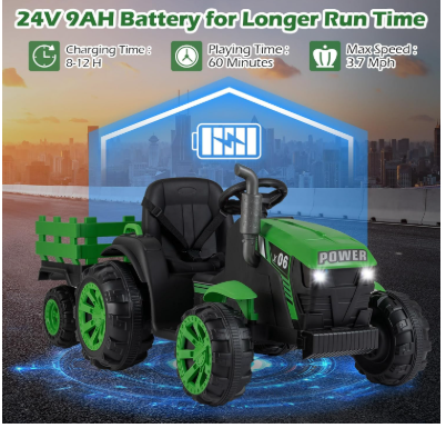 24V 9AH Ride on Tractor, 2 x 550W Motors, with Remote Control (See Notes) (Dark Green)