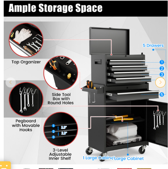 SPECIAL -40``tall, 2-in-1 Rolling Tool Chest with 5 Sliding Lockable Drawers