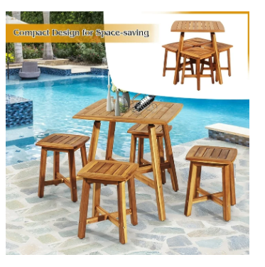 5PCS Acacia Patio Dining Set W/Square Table & 4 Stools Reddish Brown - (Scratch and Dent)