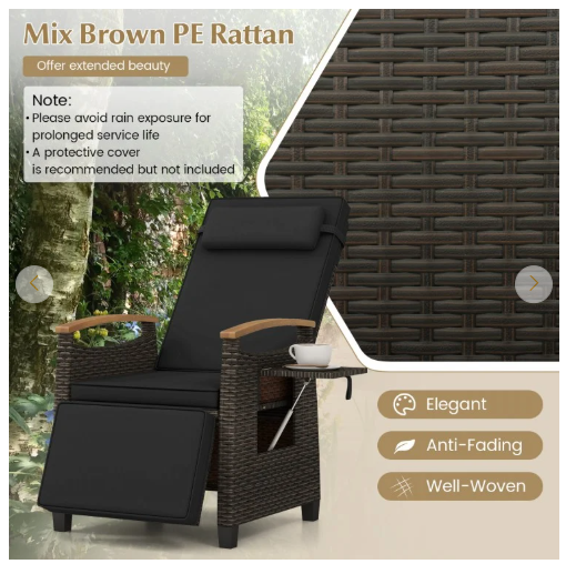 Patio Wicker Recliner Chair with Adjustable Backrest and Footrest-Black (Assembled)