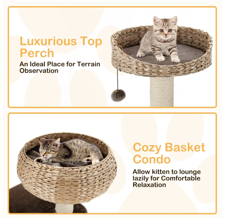 41 Inch Rattan Cat Tree with Napping Perch, fully assembled