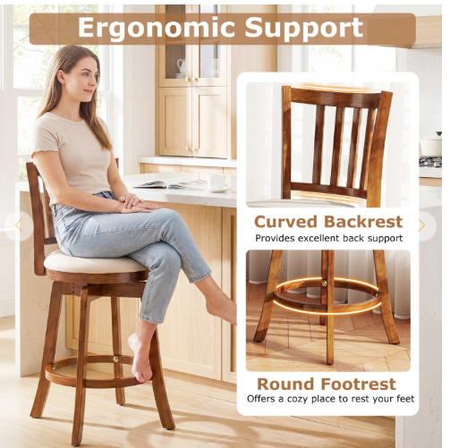 Set of 2, 360° Rotating Counter Height Chairs with Upholstered Seat and Backrest (Assembled)