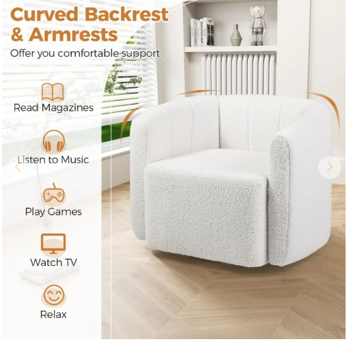 Modern Upholstered Sherpa Accent Chair with Curved Backrest and Armrests-White