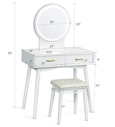 Vanity Set with Lighted Mirror, Table and Cushioned Stool-  (White)  Assembled