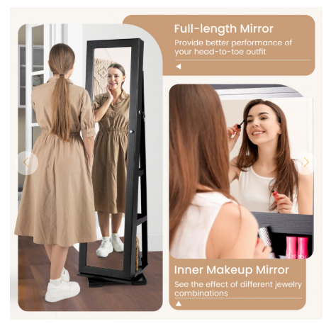 360° Rotatable 2-in-1 Lockable Jewelry Cabinet with Full-Length Mirror (Assembled)