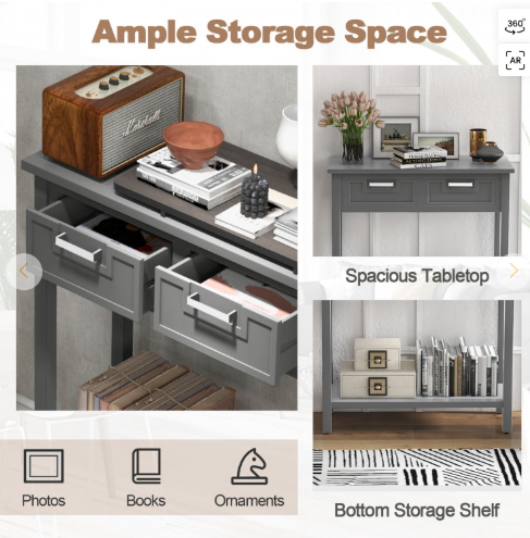 Narrow Console Table with Drawers and Open Storage Shelf-Grey